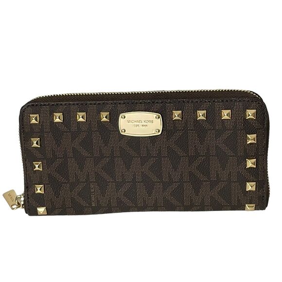 Michael Kors Wallet Jet Set Studded ZA Continental Brown MK Signature - Picture 1 of 4